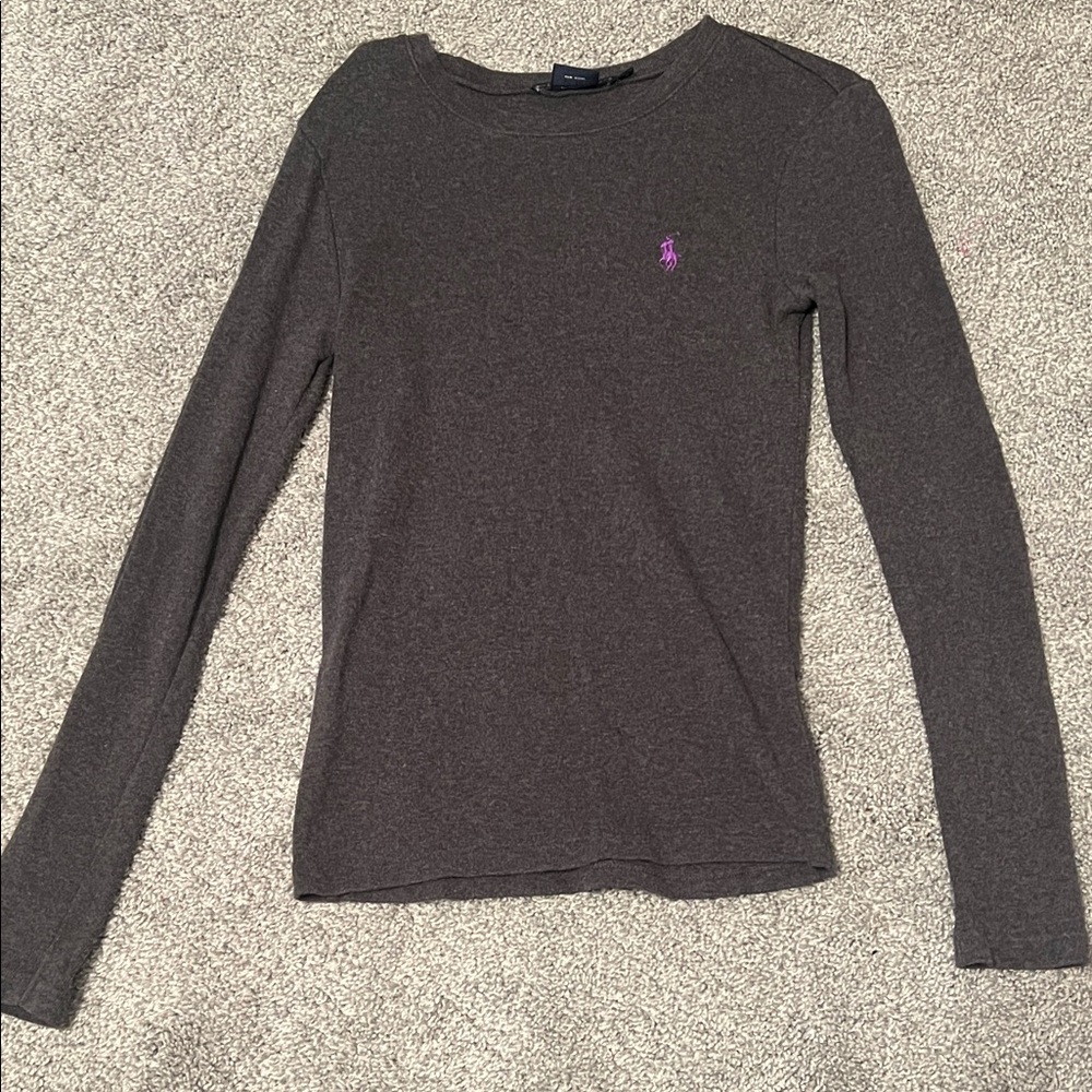 Ralph Lauren Women's dark gray Long Sleeve Tee with purple Logo